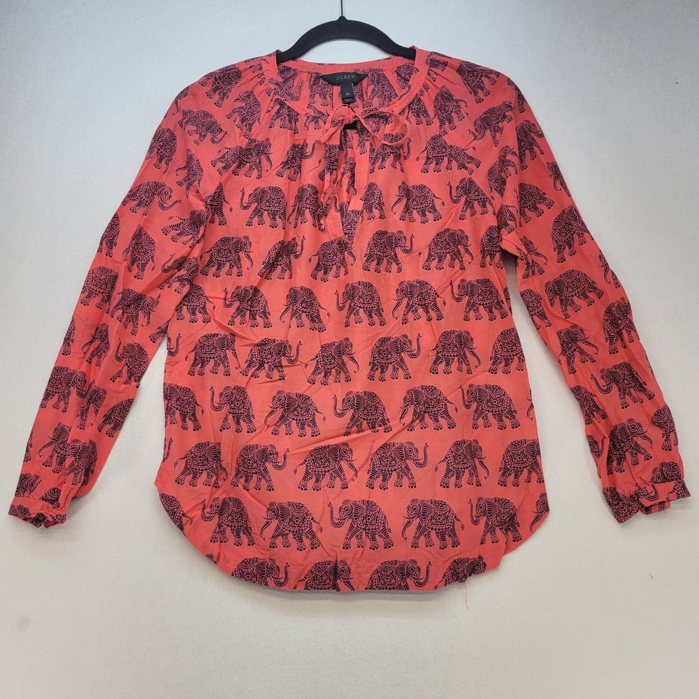 J.Crew Elephant Print Blouse Womens 00 Red Boho Tie Neck Long Sleeve Top